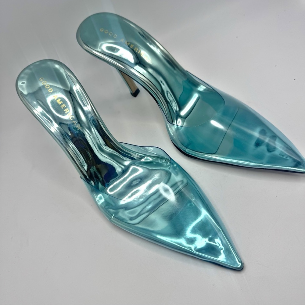 Good American Blue Pointed Toe Pumps Mules High Heels PVC Women Size 7.5 - Picture 6 of 9